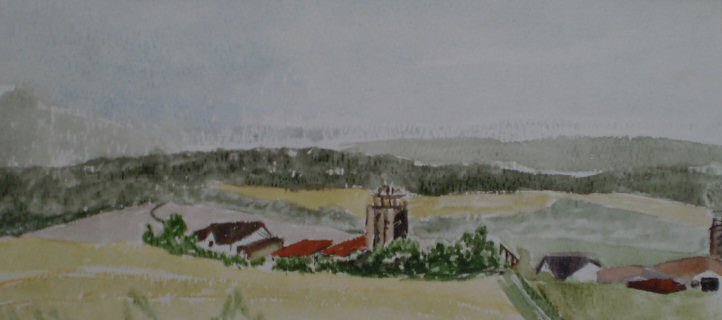 Aquarel - dorpje met toren in dal