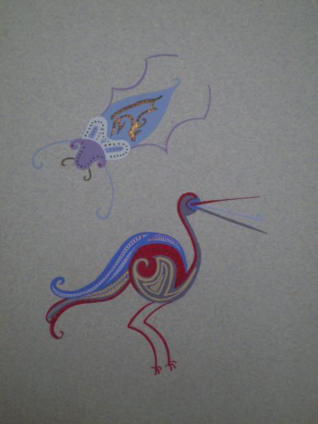 Gouache - Vogel en kever