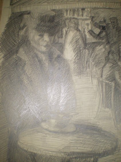 Potlood - vrouw met hoed aan cafétafeltje