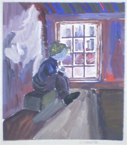 Aquarel - kind zittend op bankje bij raam